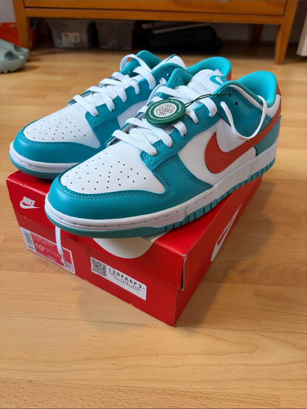 Nike men’s Miami dolphins White & Turquoise Low-Top Sneakers with Orange Swoosh